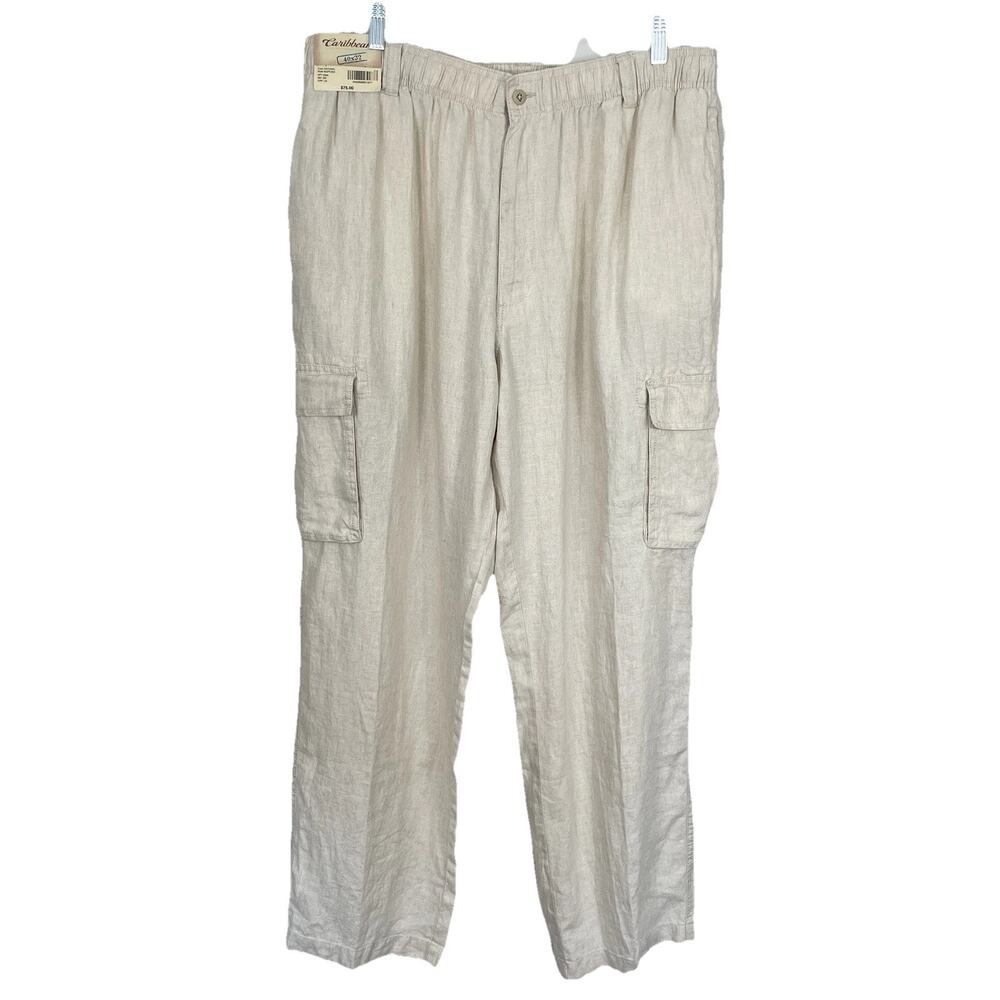 Caribbean 100% Linen Cargo Pants Men's 40x32 Natural Light Khaki Drawstring NEW